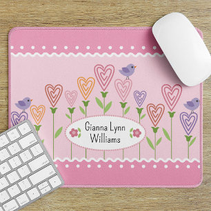 Mousepad Corações Florais Cor-de-Rosa e Branco Monograma