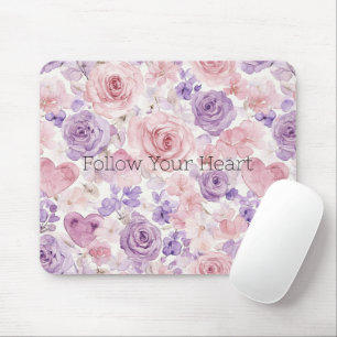 Mousepad Corações Flores Roxas Rosa