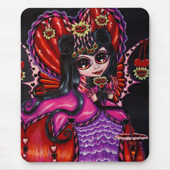 Mousepad Corações Góticos e Flores Boneca de Fada Vitoriana (Frente)