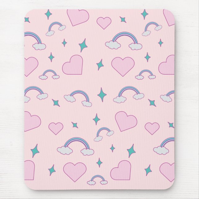 Mousepad Corações Pastel Adoráveis & Padrão Arco-Íris | Ros (Frente)