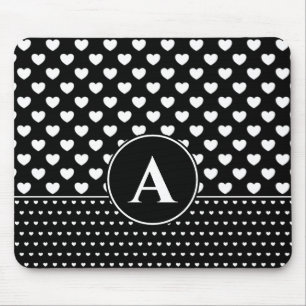 Mousepad Corações Pretos e Brancos Elegantes Monograma Pers