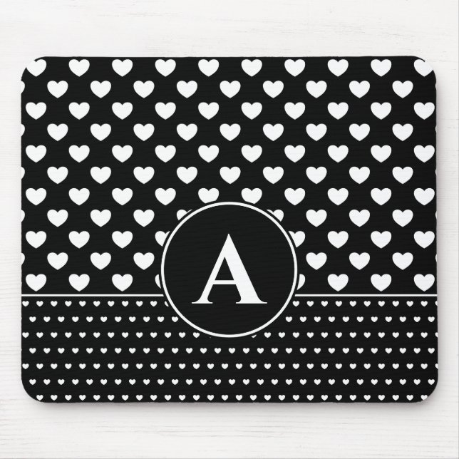Mousepad Corações Pretos e Brancos Elegantes Monograma Pers (Frente)