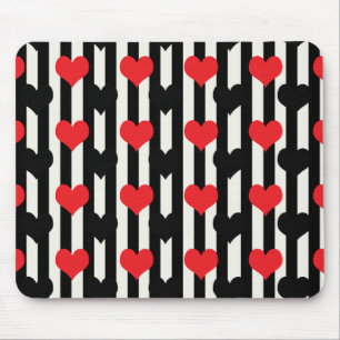 Mousepad Corações Pretos Vermelhos Em Stripes Brancas Preta