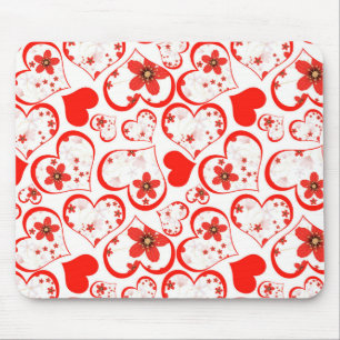 Mousepad Corações vermelhos e flores em branco