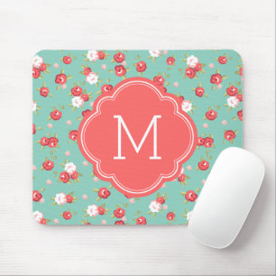 Mousepad Coral e Aqua Chic Vintage Floral Impressão Monogra