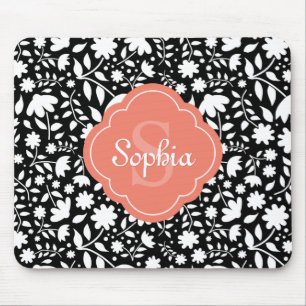 Mousepad Coral Monograma Quatrefoil Preto Floral