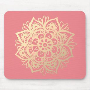 Mousepad Coral rosa e Dourado Flor Mandala