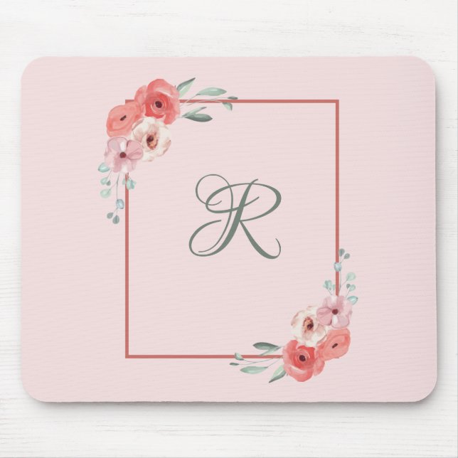 Mousepad Coral rosa monograma e verdinho branco (Frente)