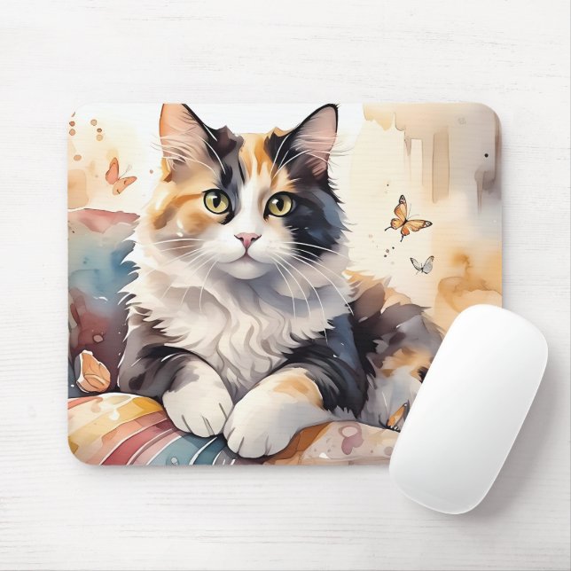 Mousepad Cores Aquáticas Quentes Calico Cat e Borboletas (Com mouse)