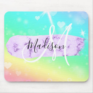 Mousepad Cores Gatinho Unicórnio Arco-Íris Corações Monogra