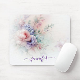 Mousepad Cores Pastéis Aquarela Tipografia Floral Nome