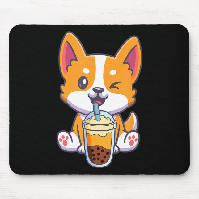 Mousepad Corgi Bebendo Boba Bubble Tea Drink Anime Kaw (Frente)