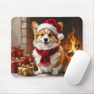 Mousepad Corgi de Natal ao lado da Lareira