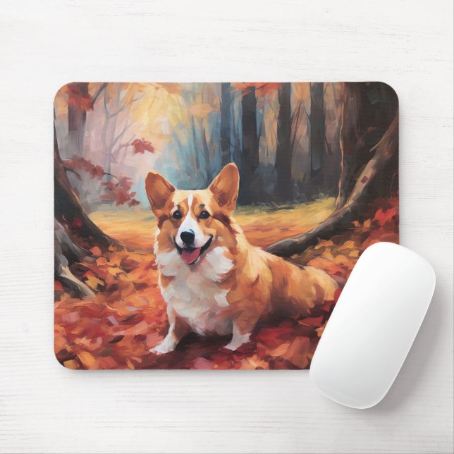 Mousepad Corgi no outono Folhas caem inspiração (Com mouse)