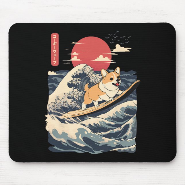 Mousepad Corgi Surfando a Onda Japonesa _2 (Frente)