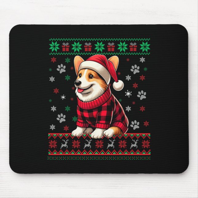 Mousepad Corgi Ugly Christmas Funny Santa Hat Xadrez Buffal (Frente)