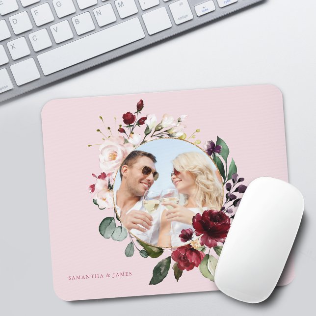 Mousepad Coroa Floral Rosa Borgonha Foto (Floral Burgundy Pink Wreath Photo Mouse Pad)
