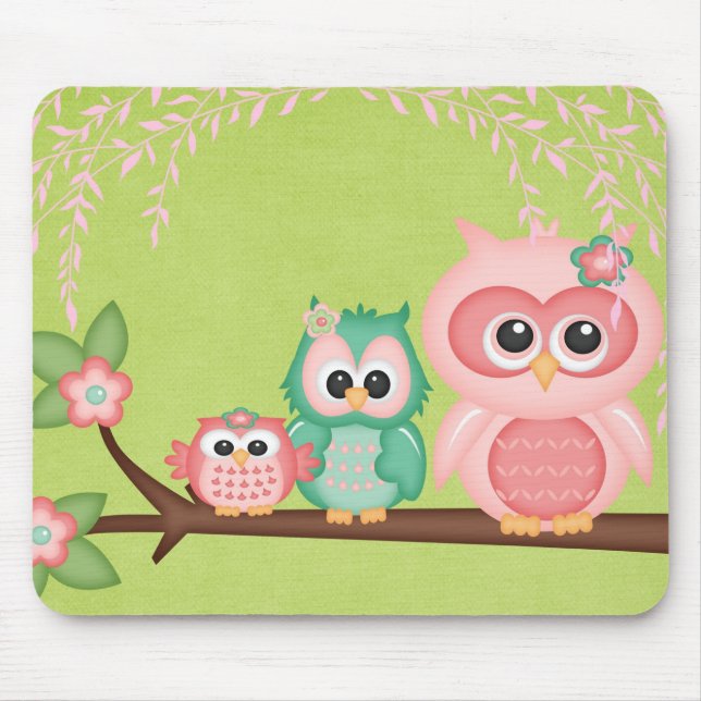 Mousepad Corte pássaros do verde da hortelã do rosa do ramo (Frente)