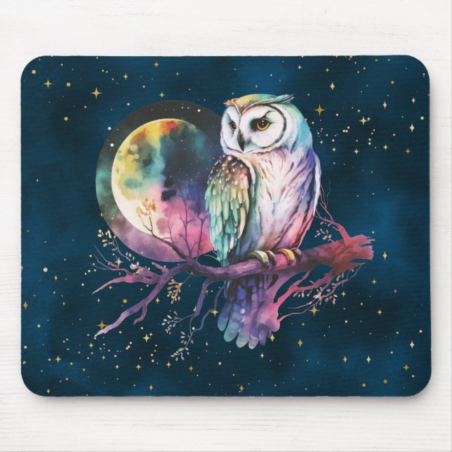 Mousepad Coruja-Arco-Íris Mística e Lua Celestial Completa (Frente)