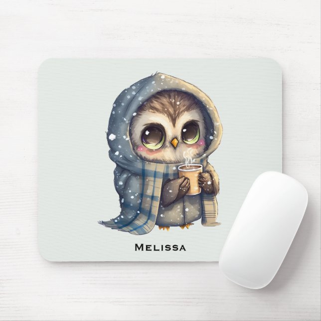 Mousepad Coruja Bonita de Olhos Grandes Segurando Café (Com mouse)