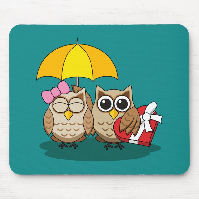 Mousepad Coruja-branca com guarda-chuva e caixa de chocolat (Frente)