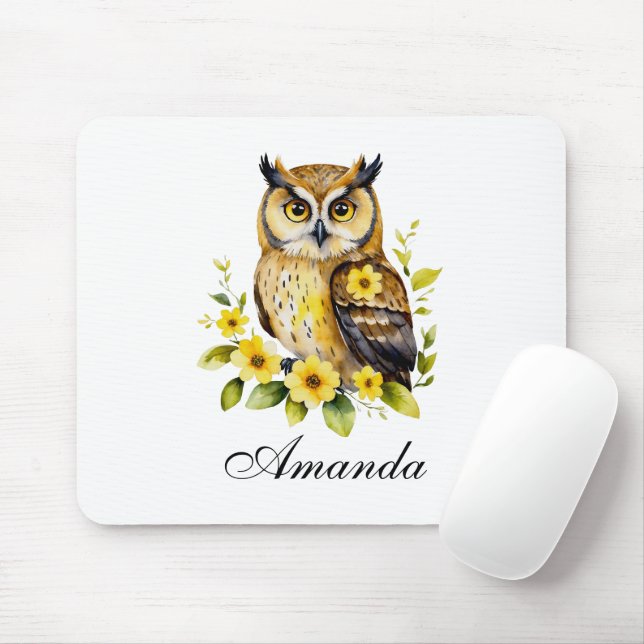 Mousepad Coruja de Aquarela com Flores Amarelas (Com mouse)