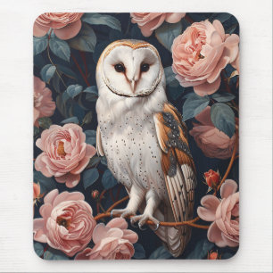 Mousepad Coruja-De-Barn Enchida Entre Rosas Rosa