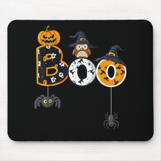Mousepad Coruja de Halloween com aranhas de chapéu de bruxa (Frente)