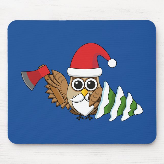 Mousepad Coruja de Natal com Ax e Árvore de Pinheiro de Nev (Frente)