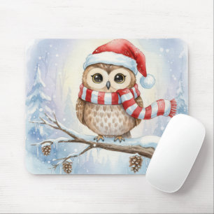 Mousepad Coruja de Natal em Aquarela com Chapéu de Papai No