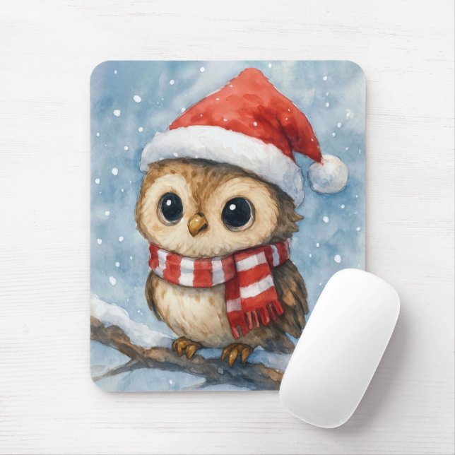 Mousepad Coruja de Natal em Aquarela com Flocos de Neve (Com mouse)