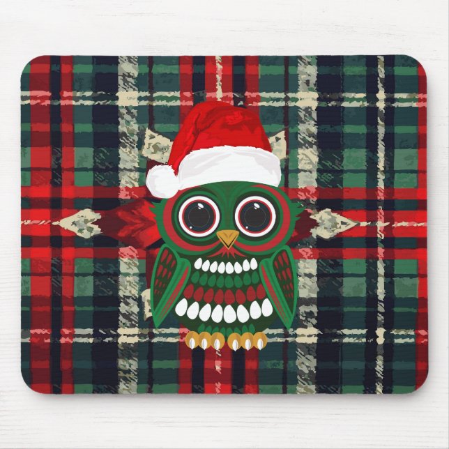 Mousepad Coruja de Natal Fofa Xadrez Vermelho e Verde Festa (Frente)