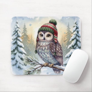 Mousepad Coruja em Aquarela com Chapéu de Inverno