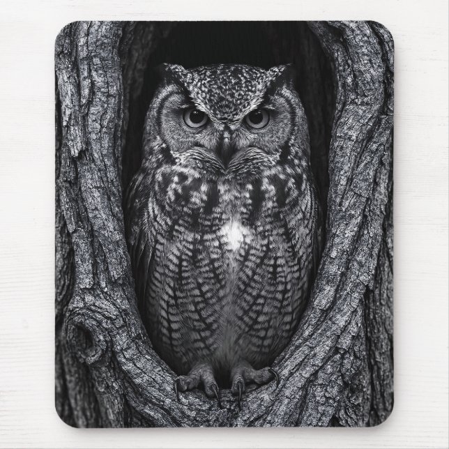 Mousepad Coruja em preto-e-branco-preto-e-branco-árvore (Frente)