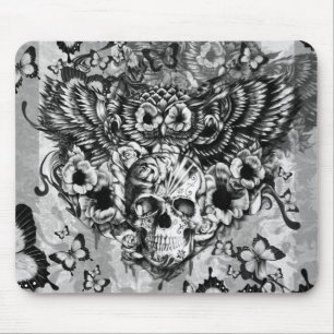 Mousepad Coruja perdida e encontrada, floral com crânio do