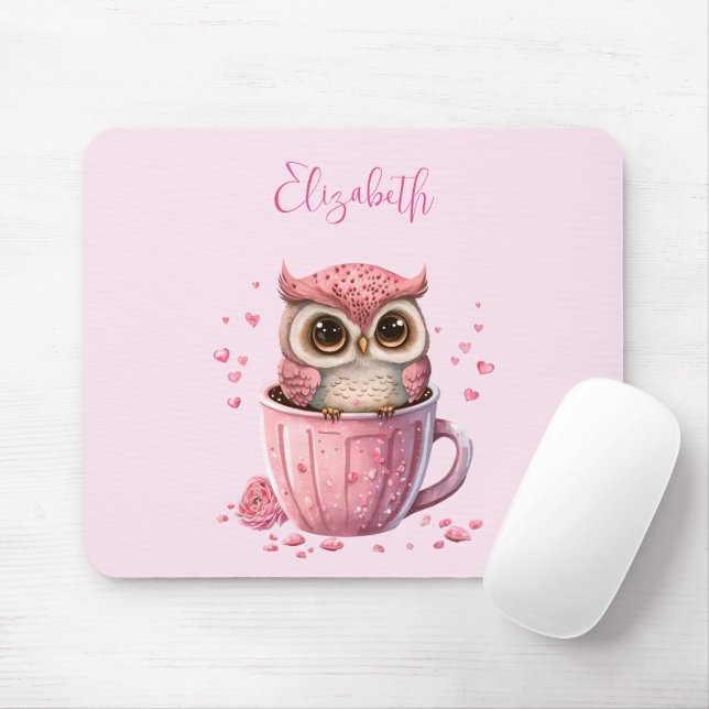 Mousepad Coruja rosa-branca numa taça (Com mouse)