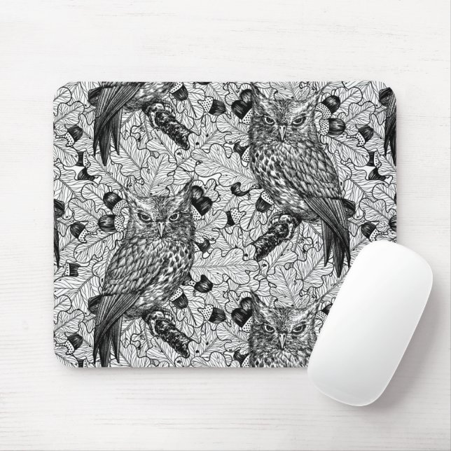 Mousepad Corujas de carvalho, preto e branco (Com mouse)