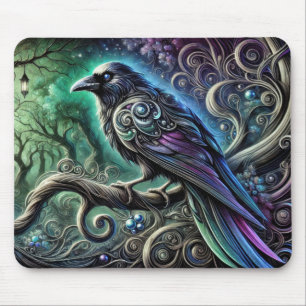 Mousepad Corvo com Penas Iridescentes na Floresta Encantada