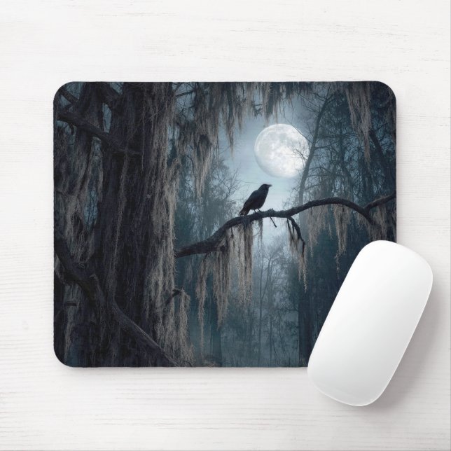 Mousepad Corvo de Halloween numa Floresta Assustadora (Com mouse)