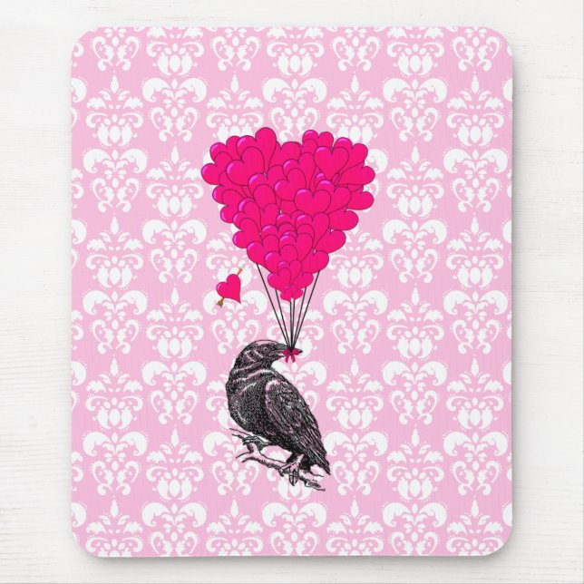 Mousepad Corvo e coração em damasco rosa (Frente)