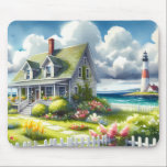 Mousepad Cottage With View Of The Lighthouse<br><div class="desc">A dreamy coastal cottagecore landscape filled with soft watercolor charm and breezy seaside tranquility. A welcoming seaside cottage sits among lush garden paths, blooming flowers, and a bright white picket fence, creating a warm storybook atmosphere. In the distance, a tall lighthouse rises beside sparkling blue ocean waves, adding a classic...</div>