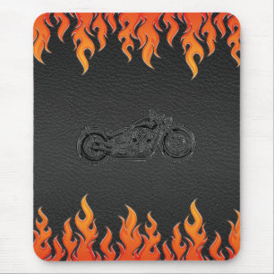 Mousepad Couro Preto Chamas Laranja Cromo Motocicleta