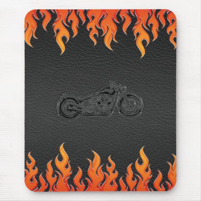 Mousepad Couro Preto Chamas Laranja Cromo Motocicleta (Frente)