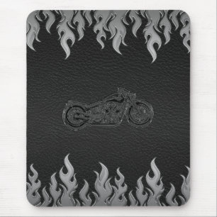Mousepad Couro Preto Chamas Prata Cromo Motocicleta