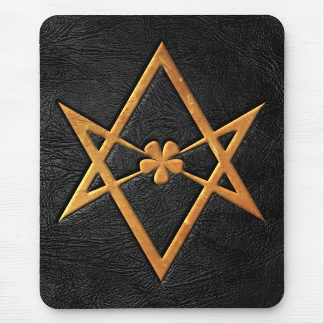 Mousepad Couro Unicursal dourado do preto do Hexagram de (Frente)