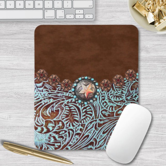 Mousepad couros e peles castanhos do país ocidental (brown turquoise western country tooled leather mouse pad)