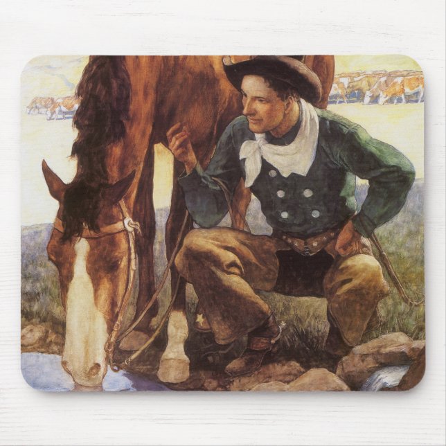 Mousepad Cowboy Cuidando de Seu Cavalo pelo NC Wyeth, Vinta (Frente)