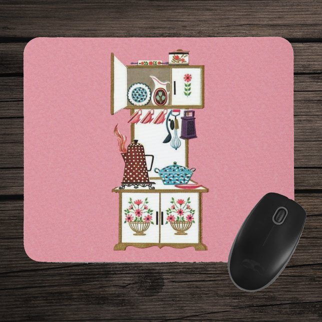 Mousepad Cozinha Retroativa Vintage com Pote de café (Vintage kitchen white stove pots pans coffee pot on pink mousepad.)