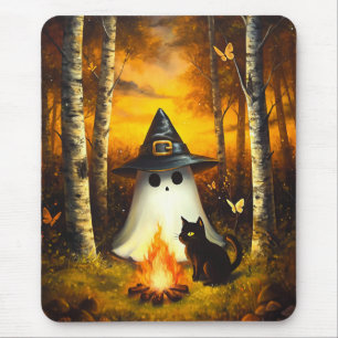 Mousepad Cozy Halloween Ghost & Black Cat Campfire