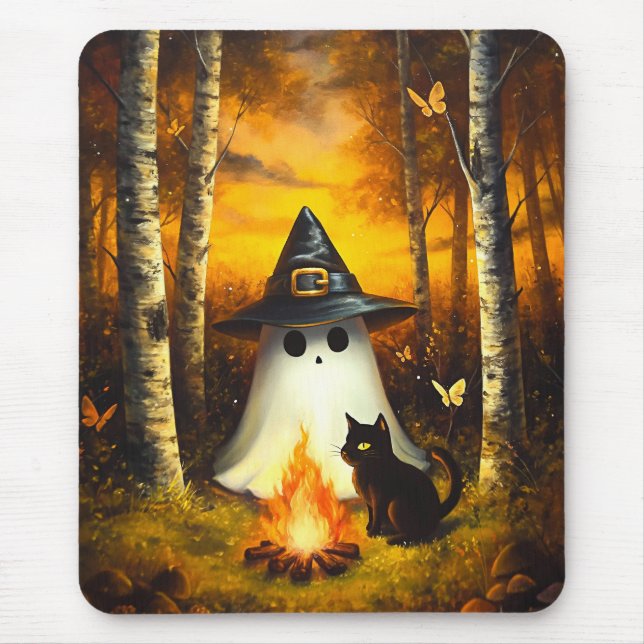 Mousepad Cozy Halloween Ghost & Black Cat Campfire (Frente)